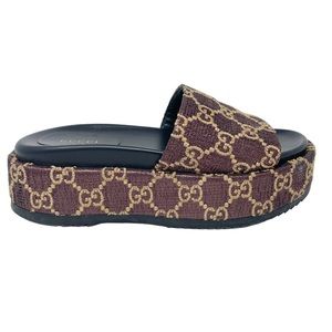 Gucci GG Brown Lame Heritage Platform Sandals / Slides